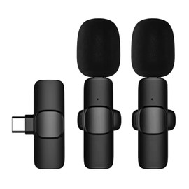 Mini Wireless Clip-on Lavalier Microphone Omnidirectional Mic 2 Transmitter 1 Receiver with Wind Muff Type-C Port Replacement for Android Smartphone Live Stream Interview Recording Video Con GTRH