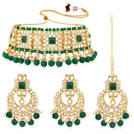Aheli Traditional Gold Plated Kundan Choker Necklace Chandbali Earring & Maang Tikka Ethnic Jewelry Set Gift for Women Green
