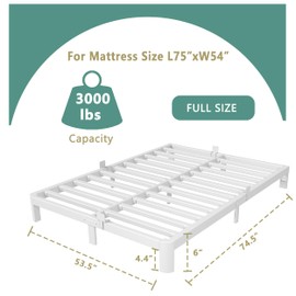 ITIMIDI 6 Inch White Full Size Bed Frame, Platform Bed Frames with Metal Gaskets, Heavy Duty Steel Support 3000 LBS, No Box Spring Needed, Anti-Slip Mattress Stopper, Easy Assembly