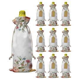 10 Pack Wine Bottle Bags, Spring Floral Wine Bottle Cover with Drawstring, Gift Bag for Champagne, Wedding, Birthday, Christmas, Thanksgiving, Party Watercolor Roses Flowers Botanical Butterfly