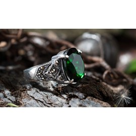 Windalf Vintage Bohemia Ring ANÂCIA 12 mm Green Emerald Costume Jewellery Ring 925 Sterling Silver, Fabric, Cubic Zirconia