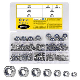 Pack of 300 Locking Nuts M3 M4 M5 M6 M8 M10 M12, Hex Nuts DIN 985 Stainless Steel Nylon Self-Locking Nuts, Stop Nuts, Metric Clamping Nuts Set, Stop Nuts with Clamping Part