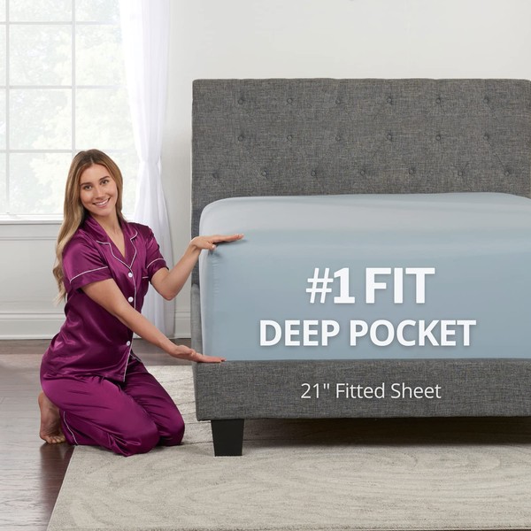 Twin XL Deep Pocket Fitted Sheet – 17” - 21” Inch + Extra Deep Pocket Fitted Sheet Only - 1 Fitted Sheet with Deep Pockets for Pillow Top and Adjustable Mattress - Twin Extra Long Fitted Light Blue