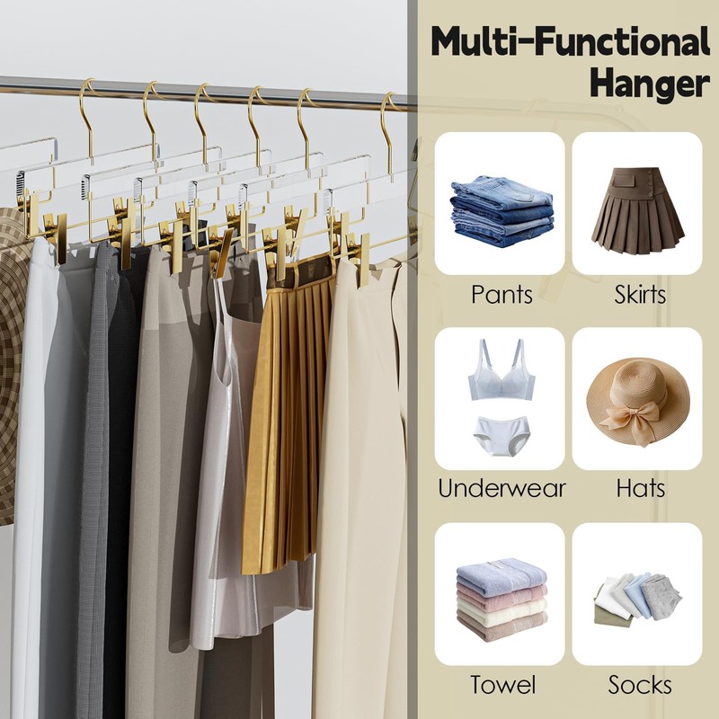 Acrylic Gold Pants Hangers with Adjustable Clips 10 Pack, Non-Slip