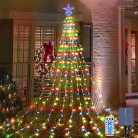 Waterfall Tree Lights, 2m/ 6.56ft x 9 Lines Solar Christmas Tree Lights with Topper Star, 198 LEDs Waterproof Fairy Lights with 8 Lighting Modes for Indoor Outdoor Xmas Tree Garden Decor