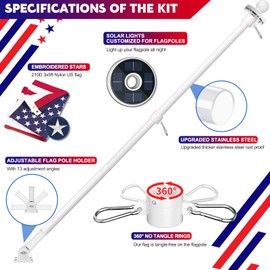 ZMTECH 7FT Flag Pole Kit with Solar Light and Proud American Flag, Adjustable Bracket and Upgraded Tangle-Free Ring 1" Stainless Steel Flagpole for Day and Night, Residential, Commercial, White