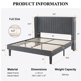 SHA CERLIN Full Size Velvet Bed Frame with Vertical Channel Tufted Wingback Headboard, Upholstered Platform Bed with Wood Slats, No Box Spring Needed, Easy Assembly, Grey