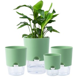 Oliz Plant Pots Indoor 4 Packs Self Watering Pots for Indoor Plants 7.4/6.3/6.3/4.9 inchs, African Violet Pots Planter with Visible Reservoir Self Watering Planter for Herb, House Plant Planting