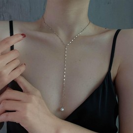 Pearl Lariat Necklace Silver Y Drop Necklace Choker Wedding Y Necklace Y Shape Necklace Beads Pendant Long Necklace Bridal Necklace Y Chain Necklace Jewellery for Women and Girls, Zinc