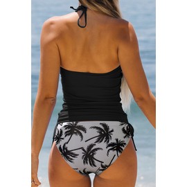 Beachsissi Women's Two-Piece Swimsuits, Padded, Side Drawstring, Swimwear, Halterneck, Leopard Print Tankini Set, Coconut tree