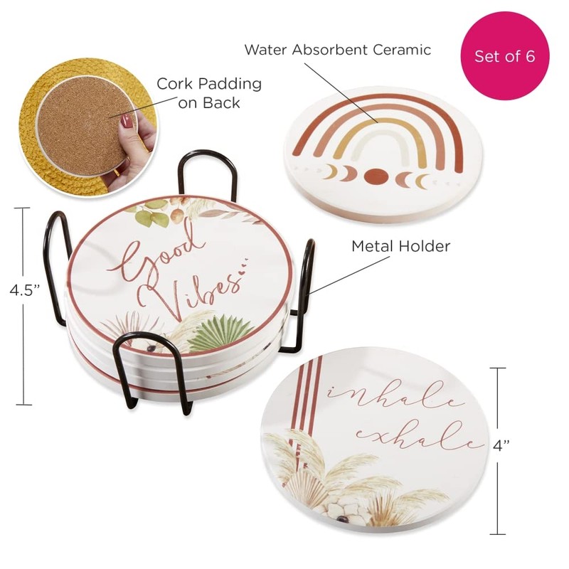 Kate Aspen Boho Ceramic Drink Coasters with Holder (Set of