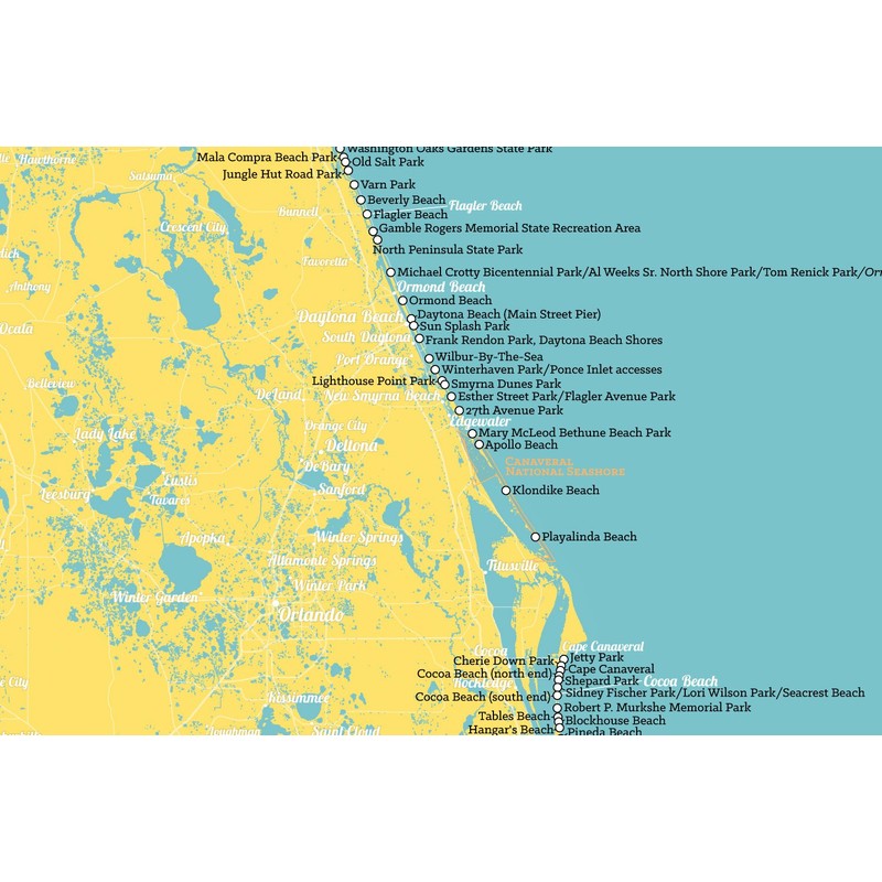 Florida Beaches Checklist Map 24x36 Poster (Marigold & Turquoise)