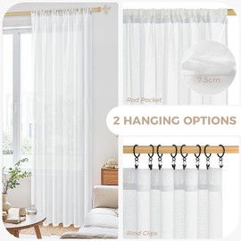 CUTEWIND Curtains with Rod Pocket, Linen Look Curtains, Transparent Curtain for Living Room, Bedroom, 140 x 280 cm (W x H), Set of 2, White