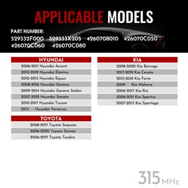 315Mhz TPMS Sensor, Tire Pressure Monitoring Sensor fit for 2008-2017 Toyota Sequoia, 2006-2020 Toyota Sienna, 2006-2017 Toyota Tundra, Replace 42607-0C070 426070C060 4PCS - 4 Replaceable Valve Stems