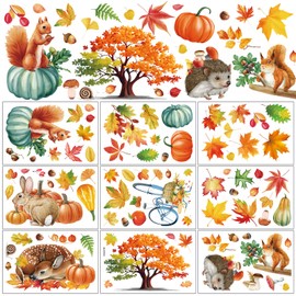 HEYINSHEN 84Pcs Fall Window Clings Harvest Stickers for Windows Autumn Window Sticker Pumpkin Fox Elk Maple Leaf Fall Craft for Double Sided Window Clings Autumn Home School Office DIY Crafts Decor