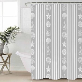 Shower Curtain Summer Starfish Seashell Coral Grey and White Striped Waterproof Shower Curtain with Hooks Washable Fabric Shower Curtains for Bathroom, Hotel, Stalls, Bathtubs, 66x72 Inch