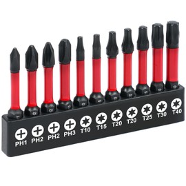 Flintronic 50 mm Screwdriver Bit Set, 11 Piece Bit Set, 1/4 Inch Magnetic Hex Shank Impact Bit Set, Screwdriver Accessories, T/PH Profile Screws, for Impact Wrench, Hammer Drill, Cordless Screwdriver