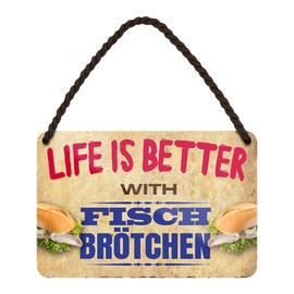 Life is better with fish buns, metal sign with cord and suction cup, funny tin sign for Baltic Sea North Sea fans, decoration for kitchen, local fish snack, funny gift idea, 18 x 12 cm