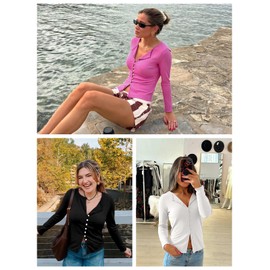 Womens Cardigans Button Down Long Sleeve Ribbed Shirts Cute Lighweight Fitted Y2K Fall Tops Black