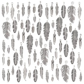 PH PandaHall 84Pcs 14 Styles Feather Charms Pendants Feather Jewellery, Antique Silver Feather Pendants Tibetan Style Metal Charms Beads for Dreamer Catcher Necklace Bracelet Jewellery Making