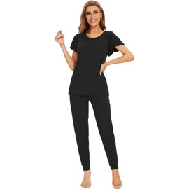 WiWi Womens Short Sleeve Pajama Sets Viscose from Bamboo Pajamas Soft Sleepwear Long Jogger Pants Loungewear S-XXL, Black, X-Large