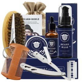 Barba Kit Cuidado, Kit Barba Hombre, 8 en 1 Kit de Cuidado de Barba con Cepillo, Aceite Barba, Peine para Barba, Champu, Balsamo Barba, Navaja, Tijera, Bolsa de Arpillera - Regalos para Hombre