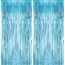 2 Pack Fringe Curtains - 3.2x6.6ft Metallic Party Backdrop for Photo Booth, Birthday, Wedding & Baby Showers - Sparkling Foil Door Decorations for Graduation, Bachelorette & Events (LightBlue)