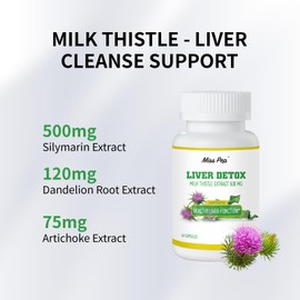 MISS PEP Milk Thistle,500 Mg Milk Thistle Supplement Per Capsule,Liver Health Support,Vegan and Non-GMO, 60 Capsules(1 Bottle)