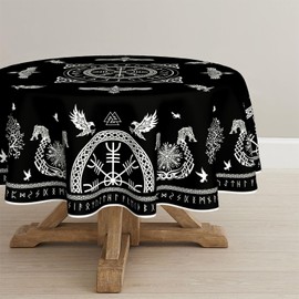 Horaldaily Tarot Altar Tablecloth 60x60 Inch Round, Black Viking Tree of Life Raven Helmet of Awe Washable Seasonal Table Cover for Party Picnic Dinner Decor