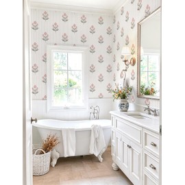 Safiyya Pink Floral Peel and Stick Wallpaper Striped Contact Paper Modern Farmhouse Wall Paper Waterproof Self Adhesive Removable Wallpaper for Bathroom Bedroom Cabinet Decor 17.3"×78.7”