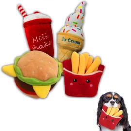 4 Pack Squeaky Plush Dog Chew Toy Puppy Meal Deal Assortment Food Bundle, Cute Interactive Crinkle Toys for Aggressive Chewers Playtime, Boredom, and Stimulation, For Small, Medium, and Large Dogs