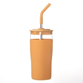 Kovkveo Glass Cups with Bamboo Lids and Straws,20 oz Dringking Glasses, Reusable Iced Coffee Cute Water Tumbler,Gift 1 Cleaning Brush,Silicone Protective Sleeve,BPA FREE(Coffee)