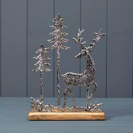 Fyne-Finds Aluminum Stag Tree Winter Scene on Wooden Base 29cm Xmas Reindeer Shelf Sitter Ornament Gift