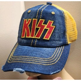 Kiss Hat Distressed Ball Cap Hat Denim & Wheat Mesh Hat