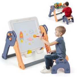 HONEY JOY Kids Art Easel, Folding Toddler Play Table and Chair Set w/Whiteboard, 100+ Building Blocks, Sand/Water Table, Dry Erase Art Easel w/Marker & Storage, Kids Activity Table for Boys Girls