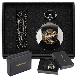 Tiong Men's Vintage Smooth Steel Mechanical Pocket Watch Steampunk Skeleton Black Pocket Watches with Chain Birthday, Black