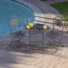 Alpine Corporation 3-Piece Floral Bistro Outdoor Conversation Set for Patio, Yard, Garden-Brown, 28-Inch Tall, Bronze