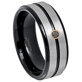 Jewelry Avalanche 8MM Brushed Black IP Grooved Center Stepped Edge Tungsten Carbide Wedding Band - 0.07ct Black Diamond Tungsten Ring -12.5