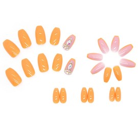 Foccna Press on Nails Medium, Fake Nails Coffin Acrylic False Orange Nails,Artificial Rhinestone Nails for Women and Girls 24 pcs