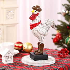 Suzile Christmas Vintage Resin Rooster Statue - Handcrafted Farmhouse Decor with Cowboy Hat, Christmas Chicken Figurine for Indoor Tabletop, Kitchen, Office, 3 x 2.2 x 10.7 Inches