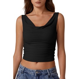 QINSEN Tank Tops for Women Cowl Neck Crop Top Ruched Side Camisole Shirts Black L