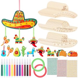 Amyhill 24 Sets Cinco De Mayo Crafts Mexican Wood Wind Chimes DIY Unfinished Sombrero Hat Diamond Craft Kit Wooden Hanging Ornament Make Your Own Windchime Coloring Decor for Party Decoration Supplies