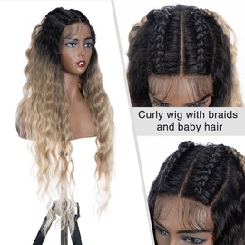 FASHION IDOL Lace Front Curly Wigs 31 Inches with Baby Hair Long Synthetic Natural Water Wavy Wig for Black Women Ombre Blonde with E Type HD Lace Wig