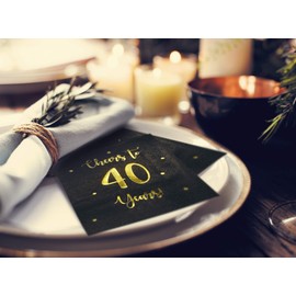 Cheers to 40 Years Cocktail Napkins | Happy 40th Birthday Decorations for Men and Women and Wedding Anniversary Party Decorations | 50-Pack 3-Ply Napkins | 5 x 5 inch Folded (Black) P
