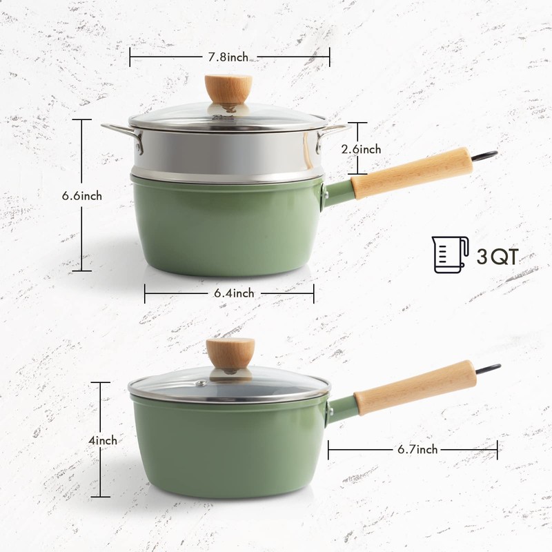 ROCKURWOK Ceramic Nonstick Sauce Pan, 3 QT Pot with Steamer,