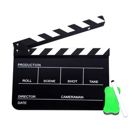 BOLLUMA Acrylic Plastic Clapper Board, 12 x 10 Inch Director Film Clapboard Easy Cut Action Scene Slate Board with Pen and Blackboard Eraser for Film Video TV Show Studio Live, Black