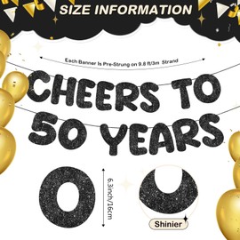 Fulmoon Cheers to 50 Years Banner Glitter 50th Birthday Banner Pre Strung Happy 50th Anniversary Banner Wedding Retirement Backdrop Party Decoration Hanging Garland Kit for Women Men (Black)