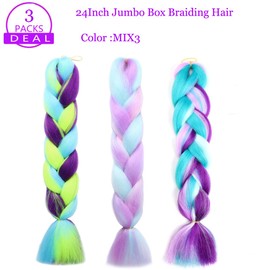 jiefeng Extensiones De Cabello Trenzado Jumbo Box De 24", Coloreado, 3 Paquetes, Trenzas De Ganchillo Con Giro Ombré Para Mujer, Fibra Sintética De Alta Temperatura (24", Colores Mezclados)