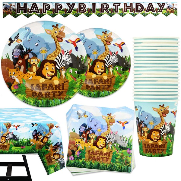 102 Piece Safari Animal Party Supplies Set Including Banner, Plates, Cups, Napkins, and Tablecloth, Serves 25
