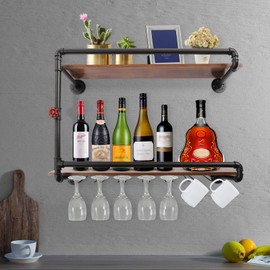 Headery 2 Layer 36” Wall Mounted Wine Rack, Rustic Pipe Wine Liquor Hanging Shelf with Glass Holder, Multifunctional Floating Plants Photos Wine Display Storage Holder for Kitchen Bar Club(Black)